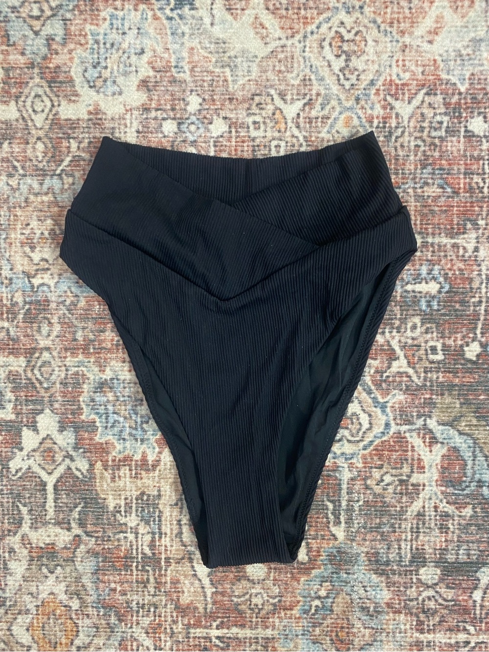 Aerie NWT black ribbed crossover waist high cut cheeky bikini bottoms S Beachy